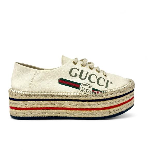 Gucci Lilibeth GG Web Logo Canvas Lace Up Espadrille Platform Sneaker Cream EU40 - Picture 1 of 14
